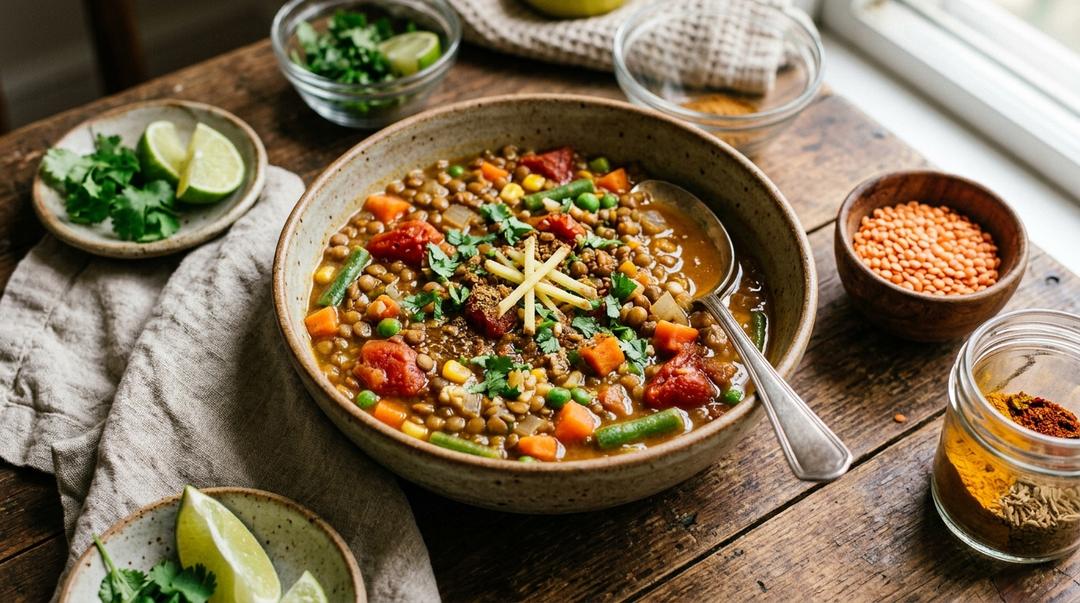Bowl of lentil and vegetable stew garnished with parsley