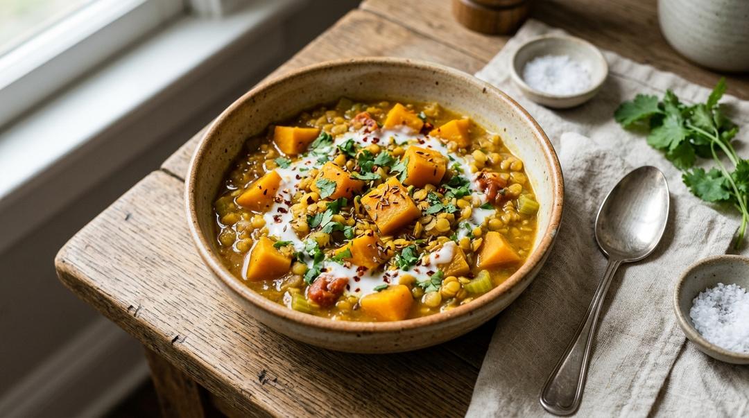 Creamy butternut squash lentil stew garnished with parmesan in a white bowl