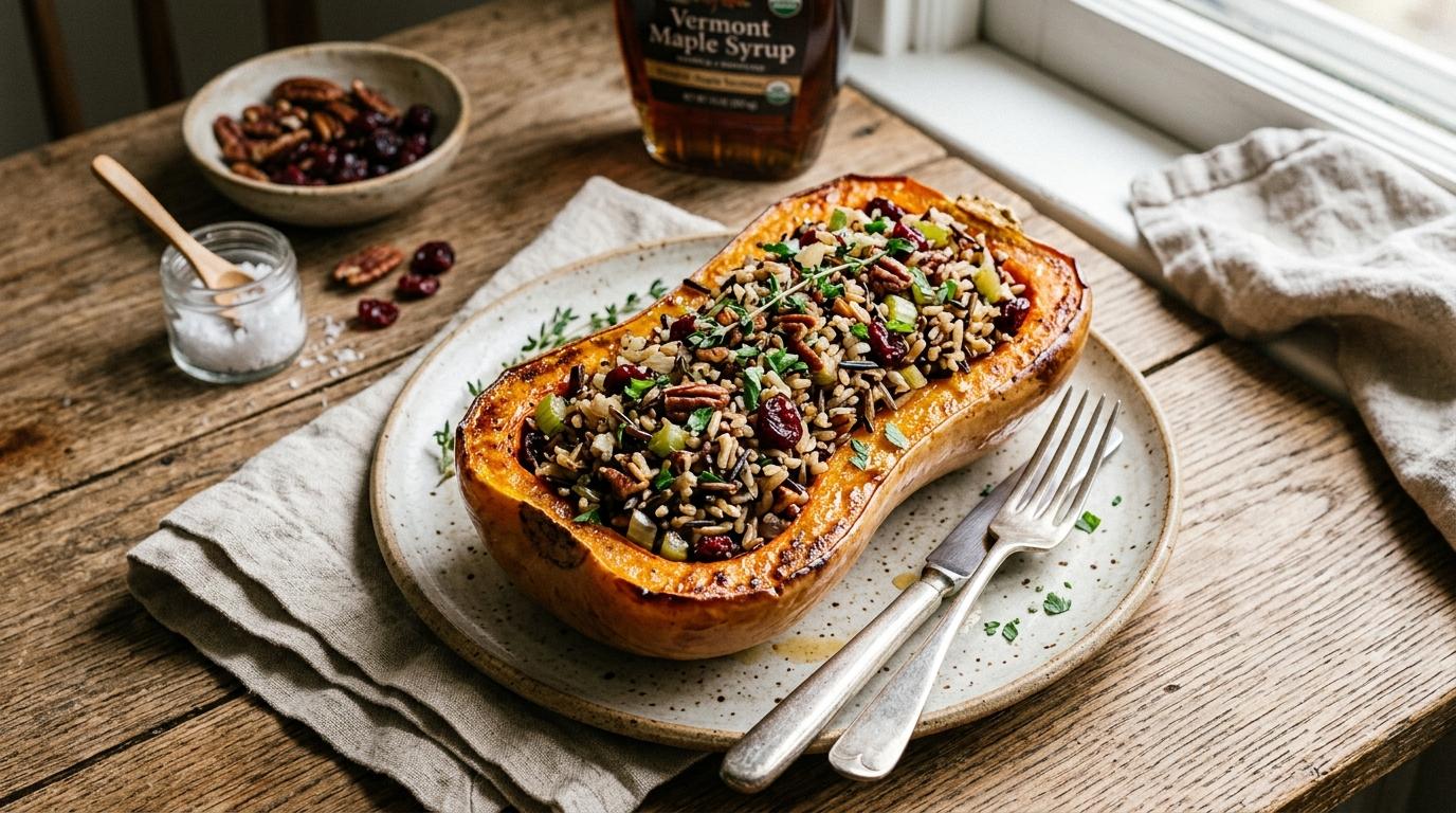 Vegan stuffed butternut squash halves filled with wild rice, lentils, mushrooms, kale, and cranberries