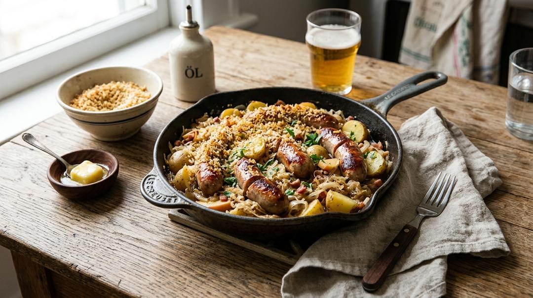 Oma's Knackwurst and Sauerkraut Skillet with potatoes, apples, and golden breadcrumbs in a cast iron pan