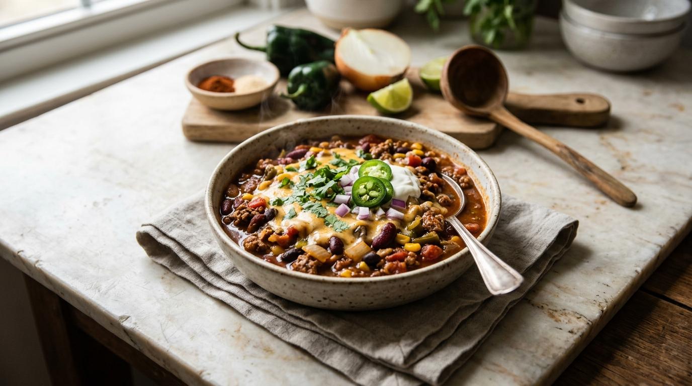 Crockpot spicy queso beef chili topped with melted cheese, avocado, and cilantro