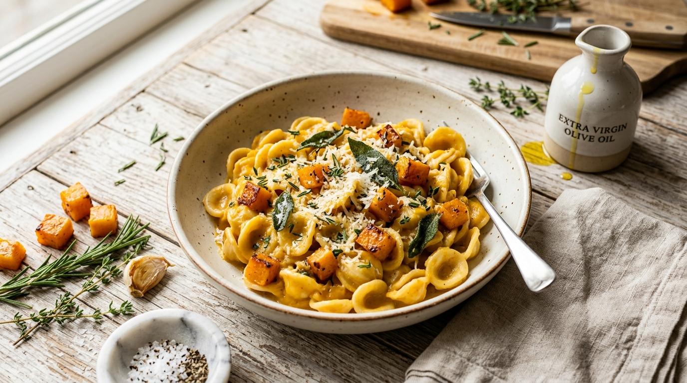 Creamy roasted garlic butternut squash pasta topped with crispy prosciutto and parmesan