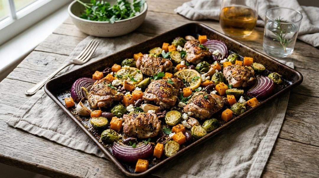 Fall Chicken Sheet Pan Dinner with butternut squash, Brussels sprouts, and feta on a baking sheet