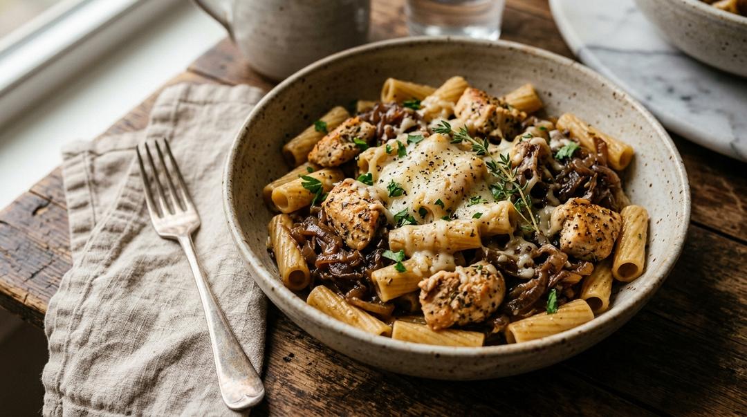 Bowl of French Onion Chicken Pasta topped with Parmigiano and fresh basil