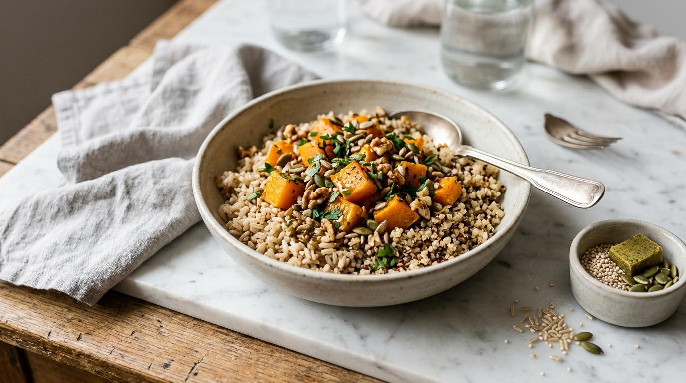 Fall harvest grain bowl with roasted pumpkin, mushrooms, kale, and maple dijon dressing