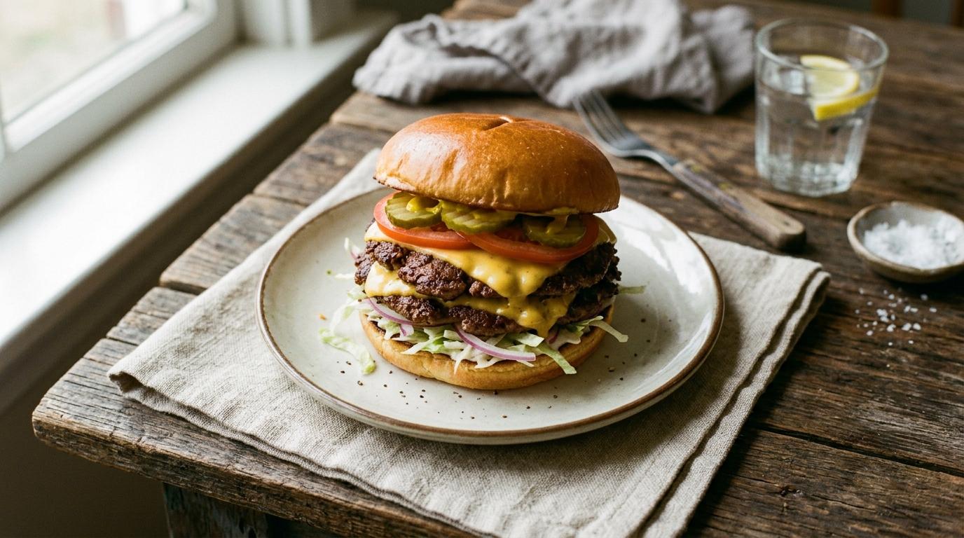 Smash cheeseburger with double-stacked crispy beef patties and melted cheese on a toasted bun