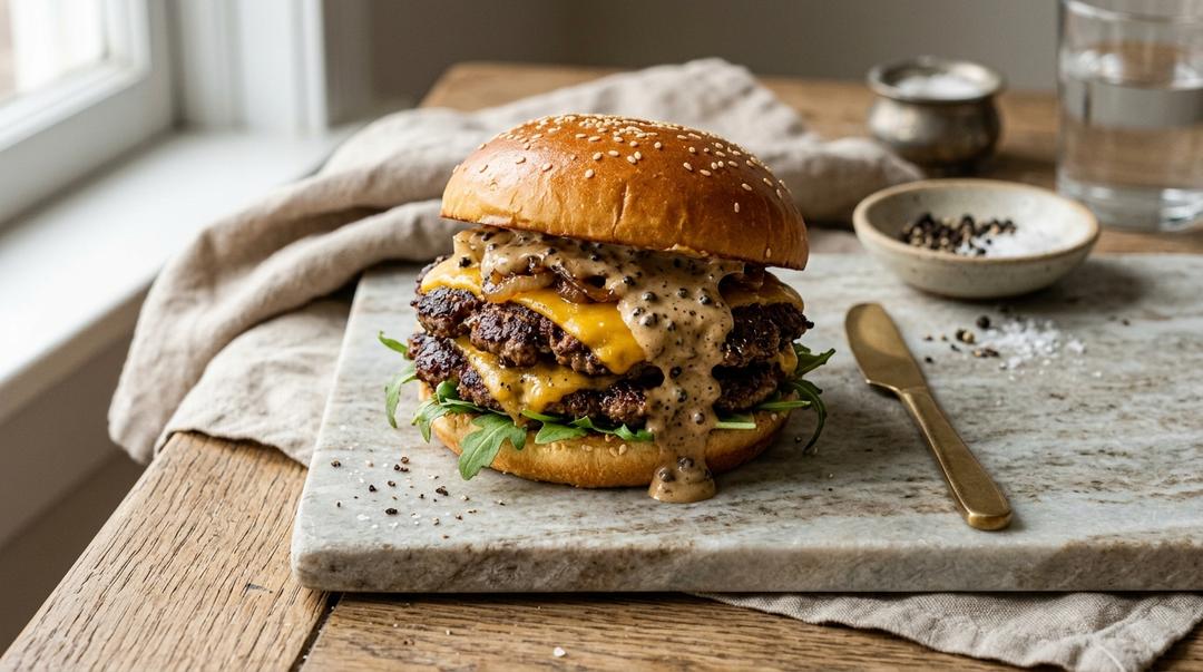 Double smash burger with melted cheese and creamy peppercorn sauce, served with fries