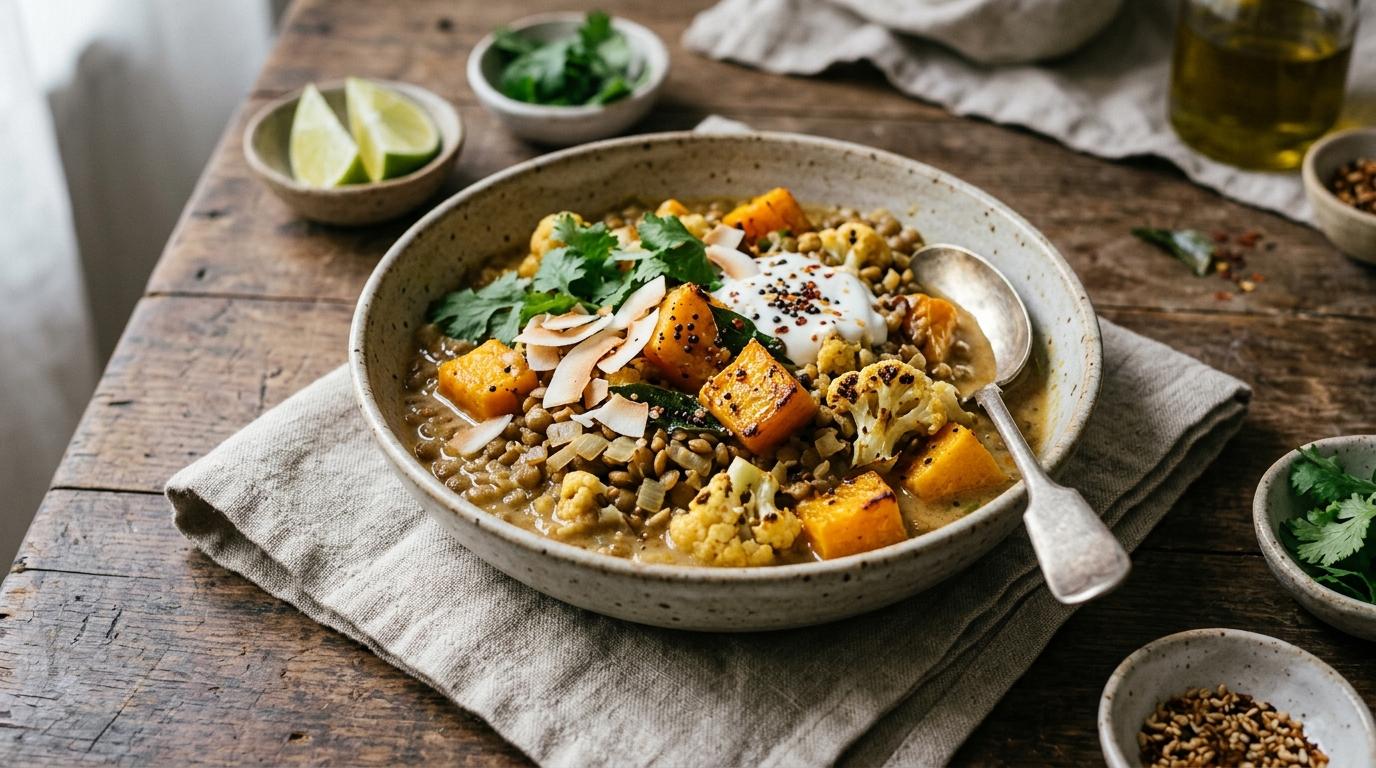Bowl of roasted butternut squash lentil curry garnished with cilantro and lime
