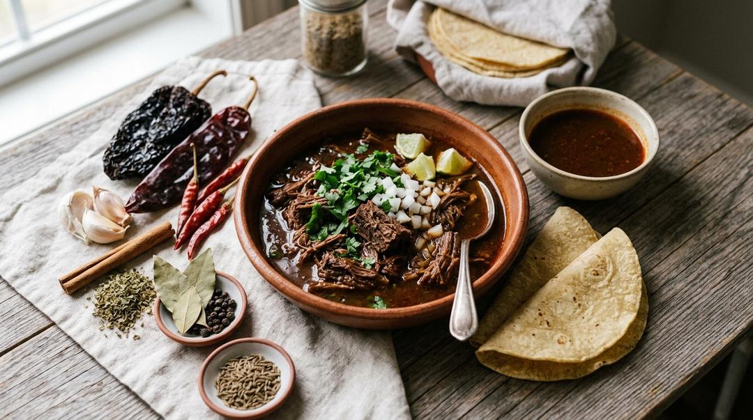 Bowl of shredded beef birria in rich red chile broth with onion and cilantro