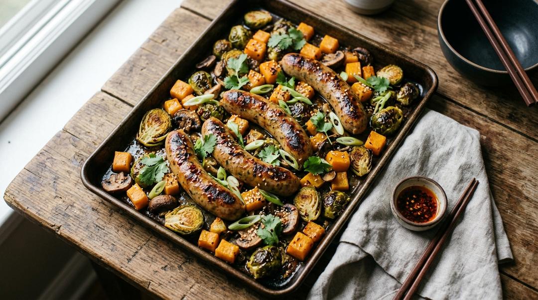 Autumn chicken sausage sheet pan dinner with roasted Brussels sprouts, butternut squash, and dried cranberries
