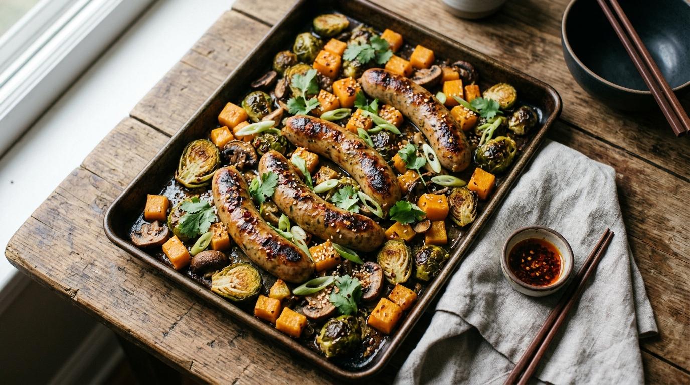 Autumn chicken sausage sheet pan dinner with roasted Brussels sprouts, butternut squash, and dried cranberries