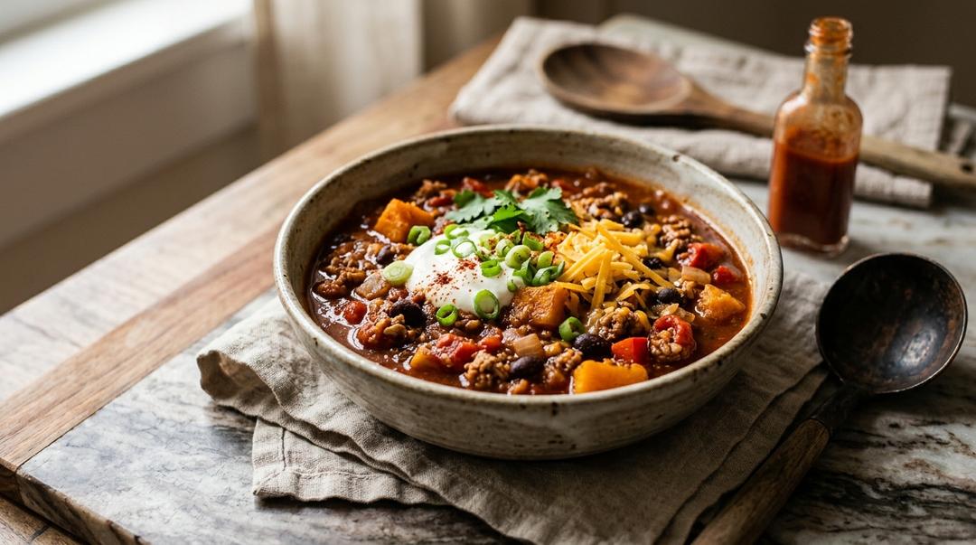 A bowl of hearty pumpkin chili with ground pork, kidney beans, and sour cream topping