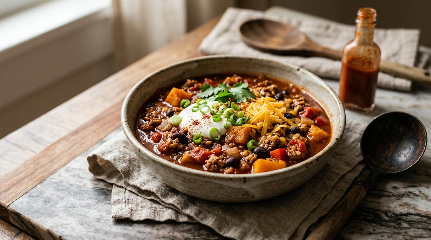 A bowl of hearty pumpkin chili with ground pork, kidney beans, and sour cream topping