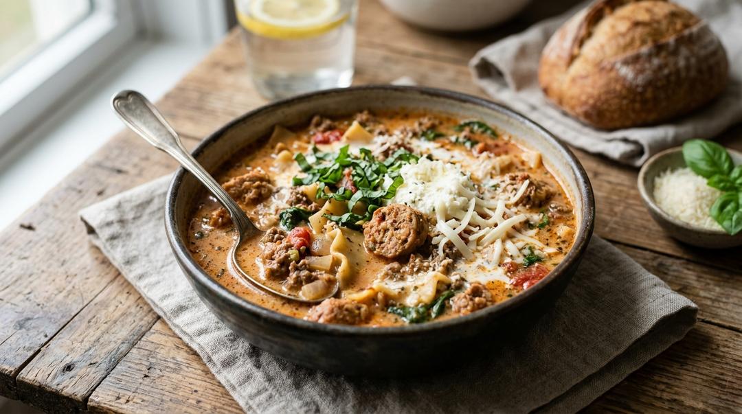 Creamy Italian lasagna soup with sausage, pasta, and melted cheese in a bowl