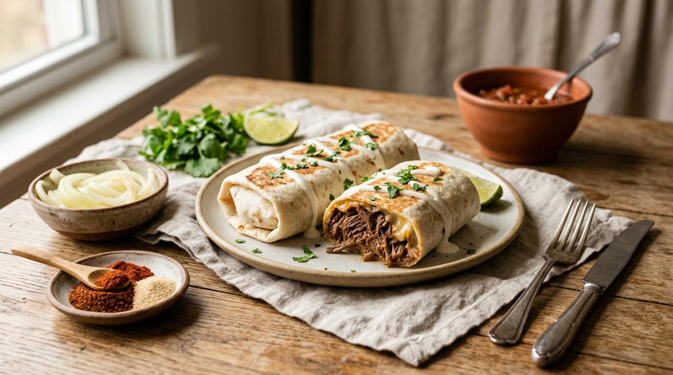 Shredded beef and cheese burritos sliced open showing melted cheese and chipotle salsa