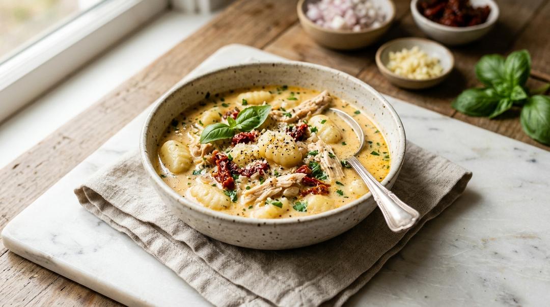 Creamy Marry Me Chicken Gnocchi Soup with spinach and parmesan in a bowl