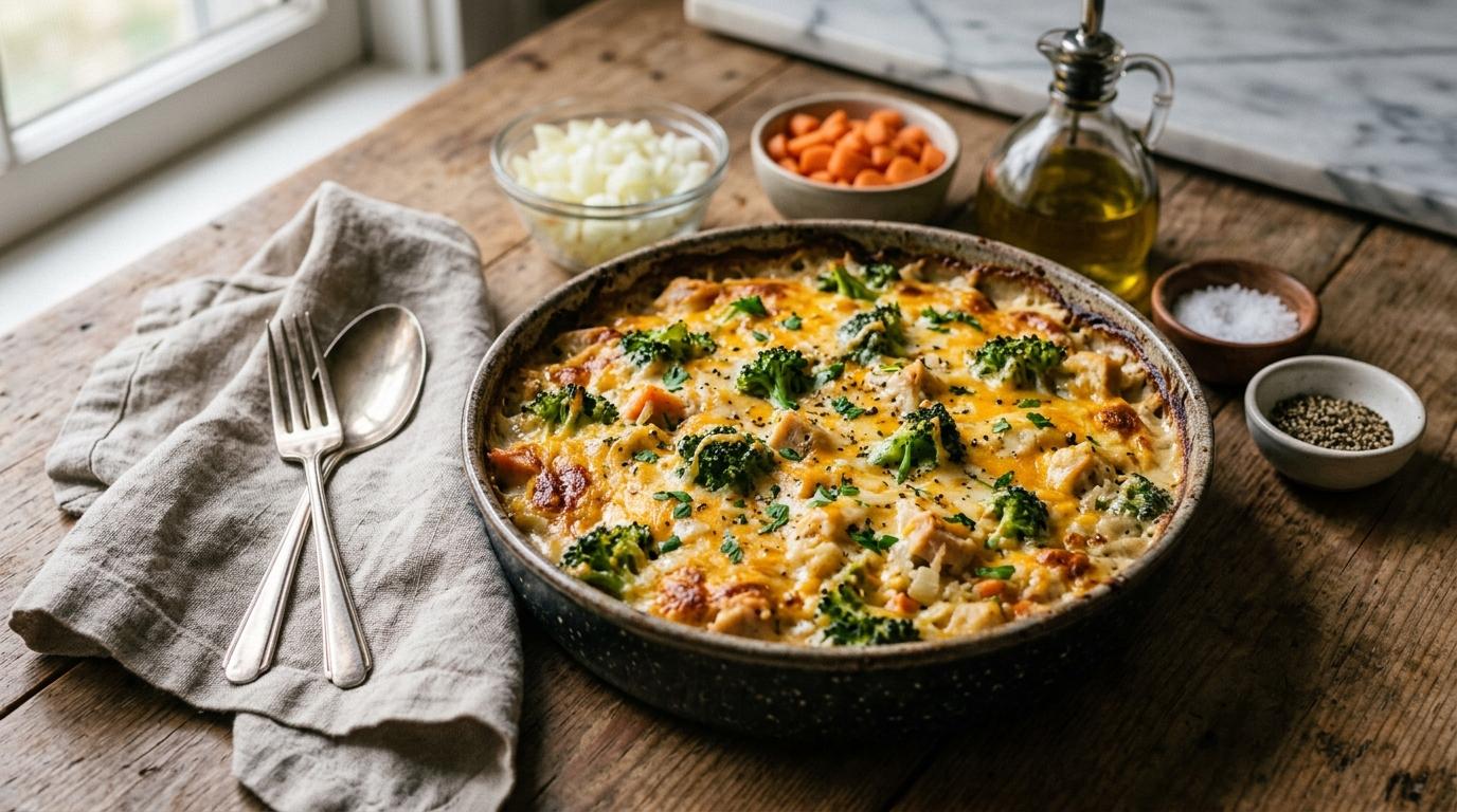Broccoli cheddar chicken and rice casserole topped with melted cheddar cheese