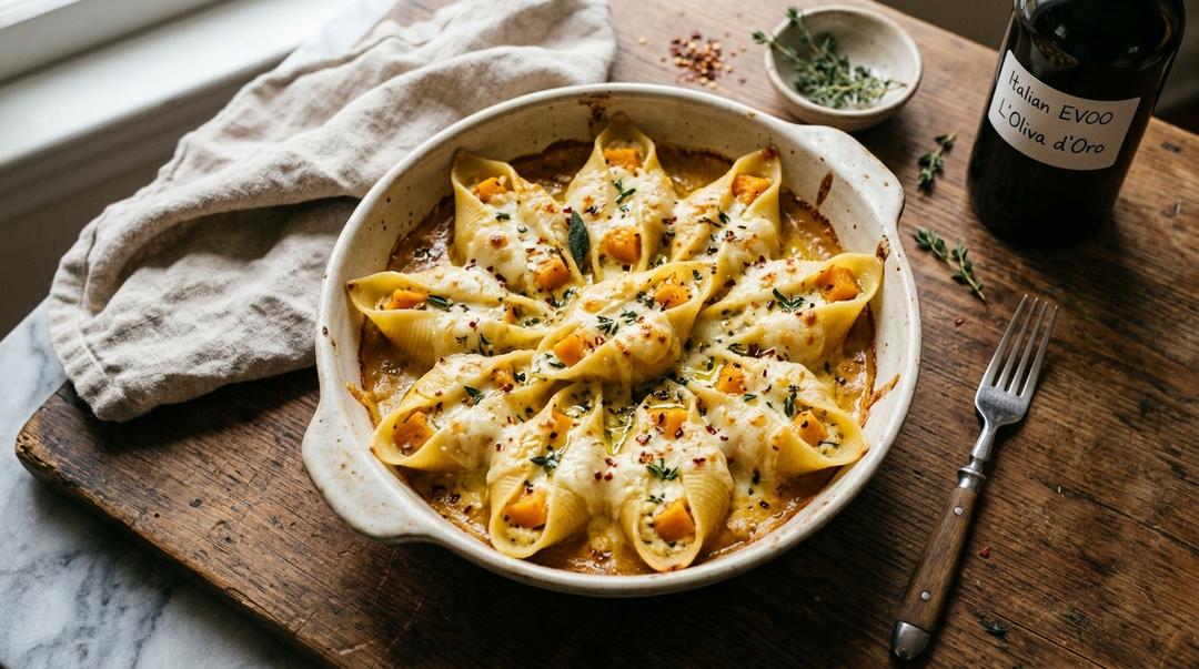 Baked butternut squash and cheese stuffed pasta shells topped with crispy prosciutto and fresh basil in marinara sauce