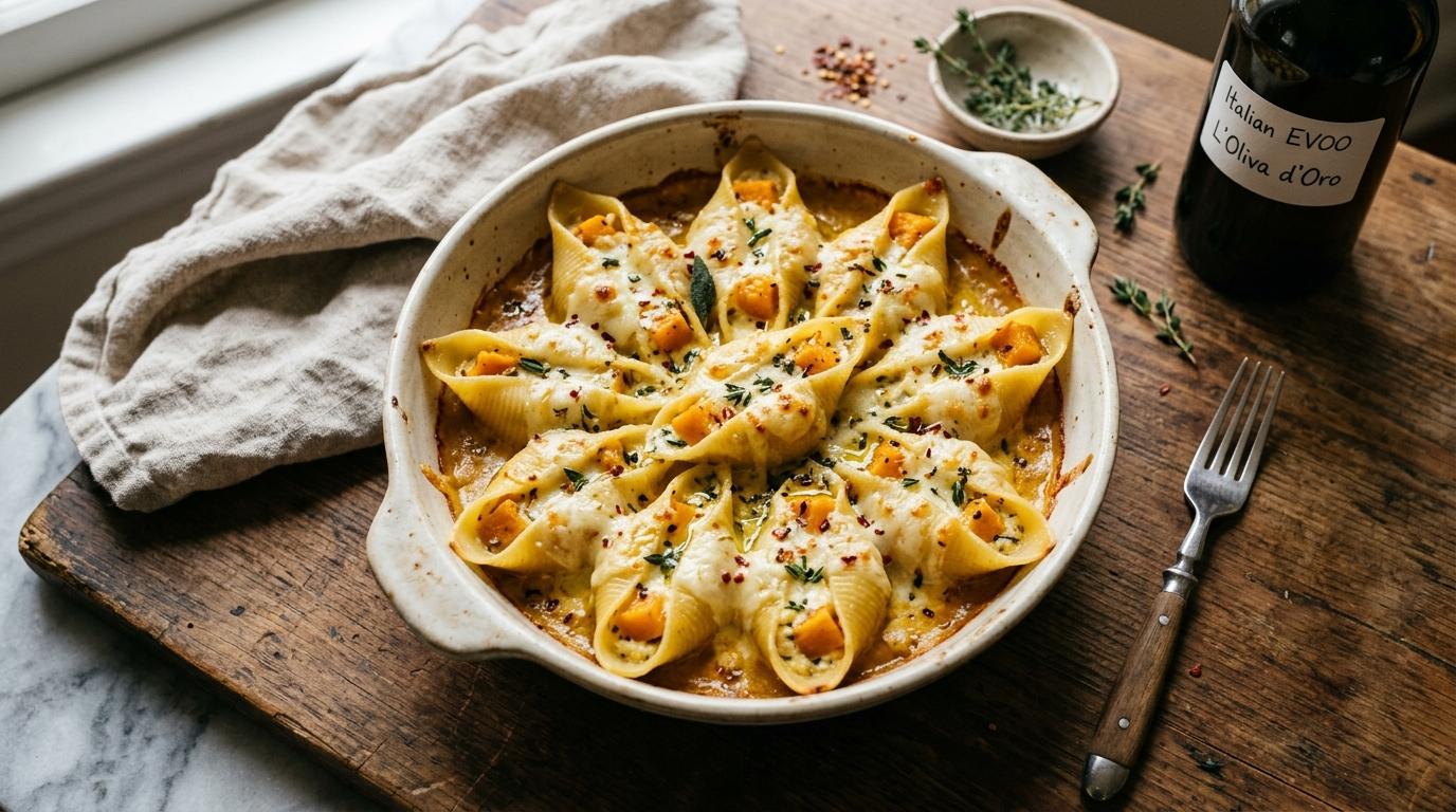 Baked butternut squash and cheese stuffed pasta shells topped with crispy prosciutto and fresh basil in marinara sauce