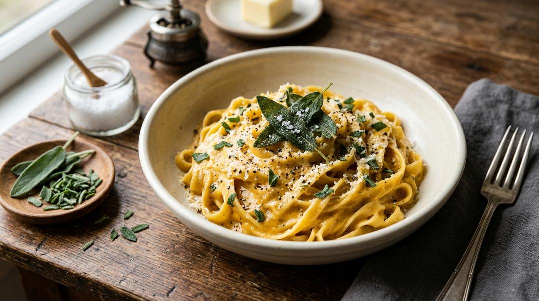 Creamy pumpkin pasta alfredo topped with crispy fried sage leaves