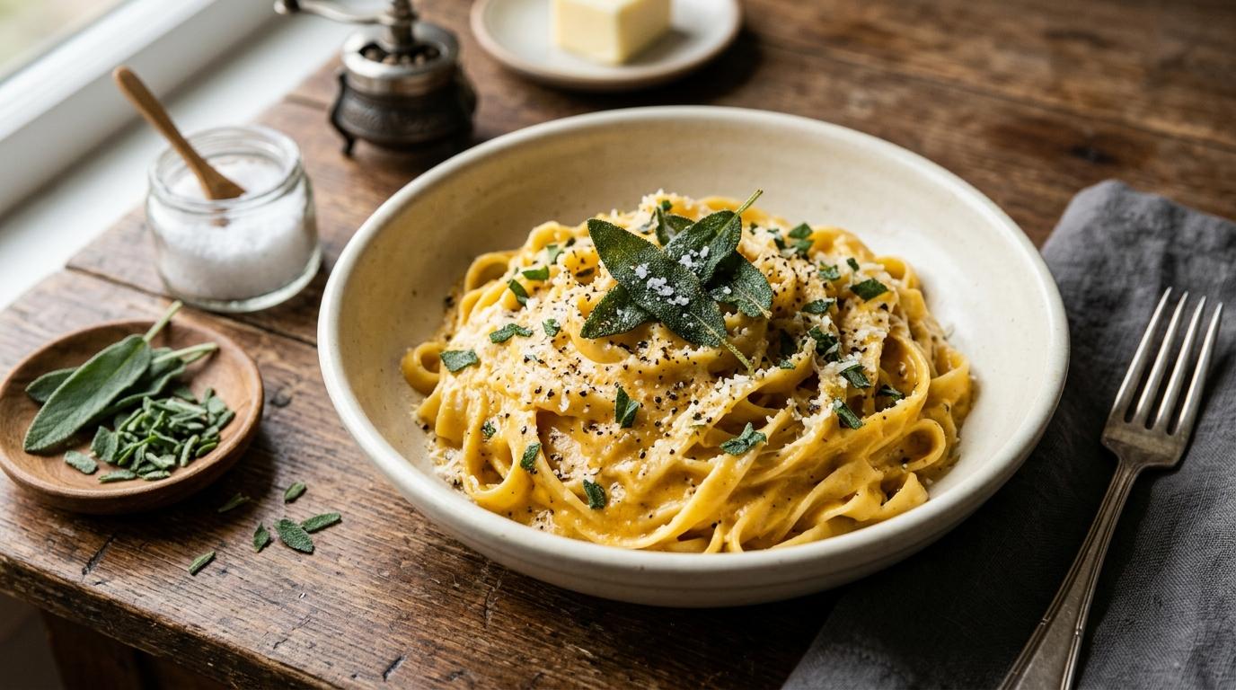 Creamy pumpkin pasta alfredo topped with crispy fried sage leaves