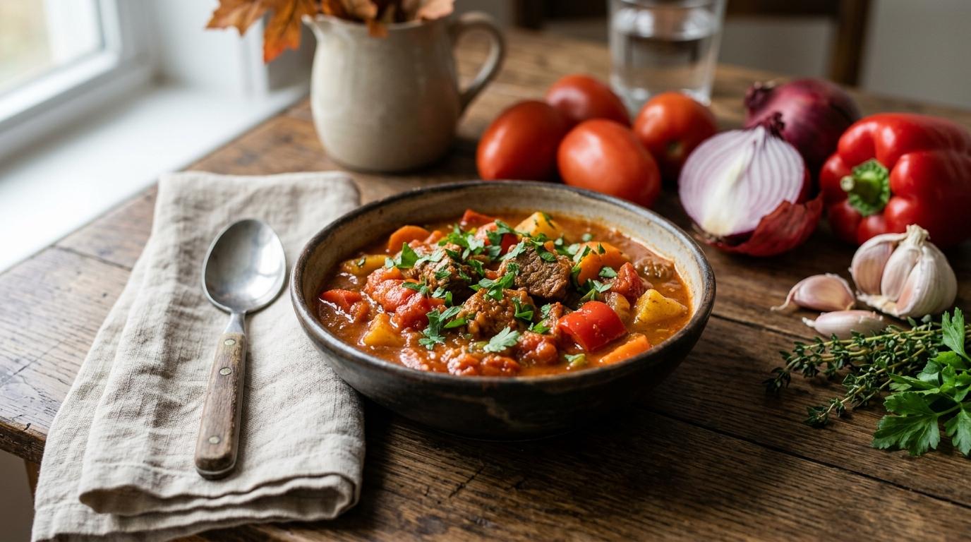A steaming bowl of African beef stew with red palm oil over rice