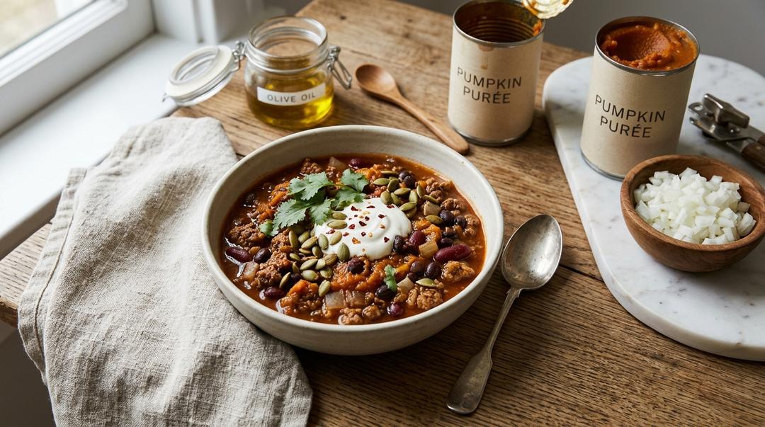 Bowl of pumpkin chili with ground beef, beans, and smoky spices topped with cheese