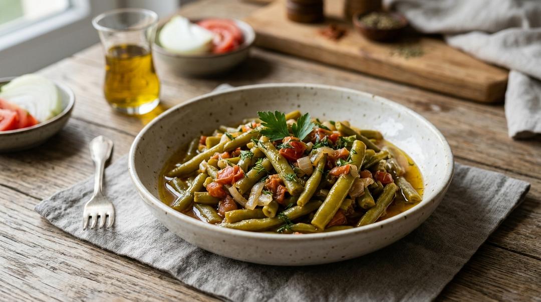 Bowl of Zeytinyağlı Taze Fasulye, Turkish olive oil green beans with tomatoes