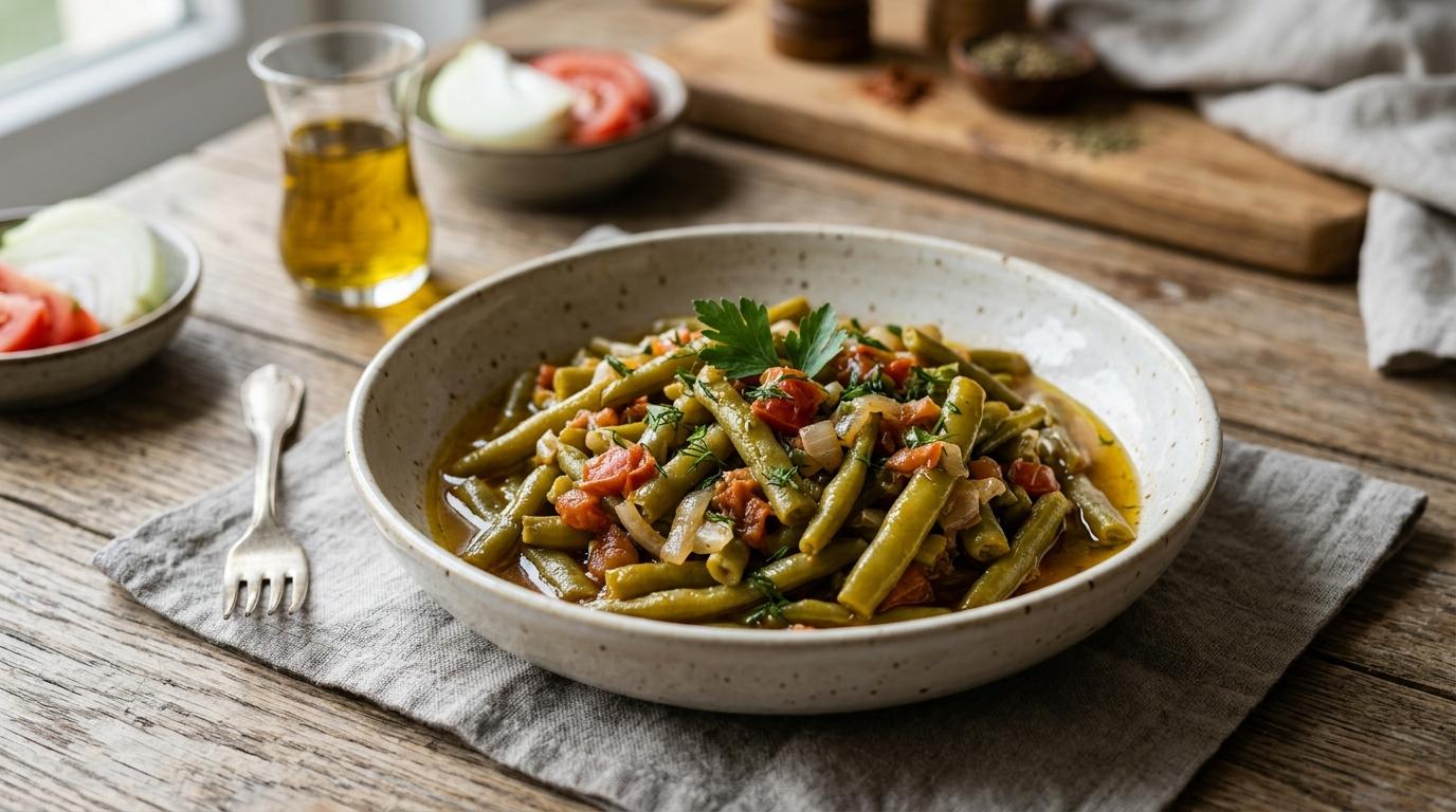 Bowl of Zeytinyağlı Taze Fasulye, Turkish olive oil green beans with tomatoes