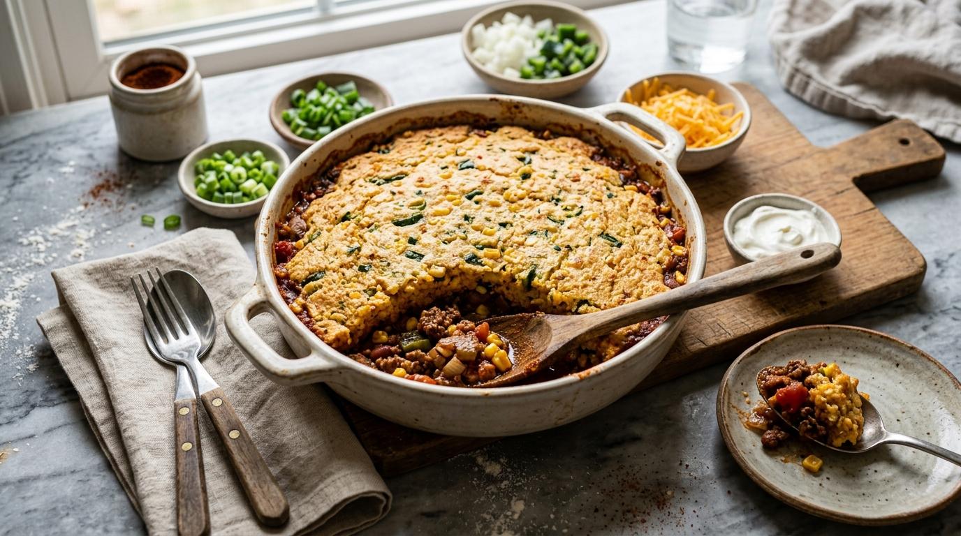Chili cornbread casserole with golden cornbread topping over beef chili