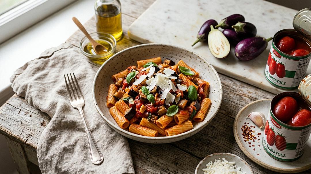 Sicilian Pasta alla Norma with crispy eggplant, tomato sauce, and grated ricotta salata