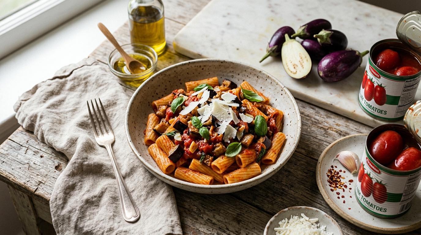 Sicilian Pasta alla Norma with crispy eggplant, tomato sauce, and grated ricotta salata