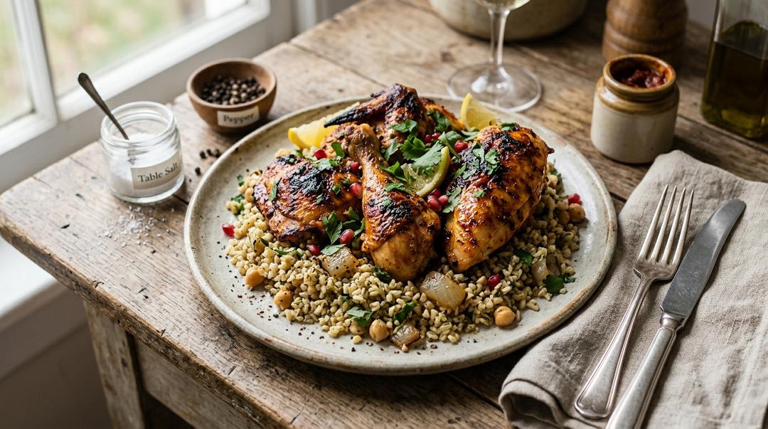 Roasted chicken glazed with harissa served with bulgur salad and cucumber