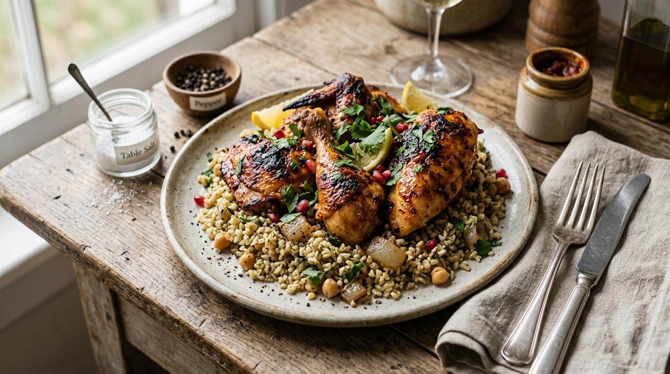 Roasted chicken glazed with harissa served with bulgur salad and cucumber