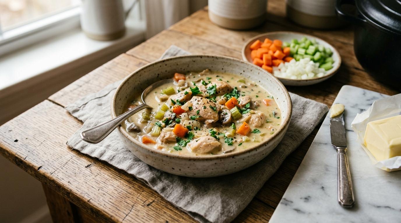 Creamy chicken stew topped with fluffy homemade dumplings in a white bowl