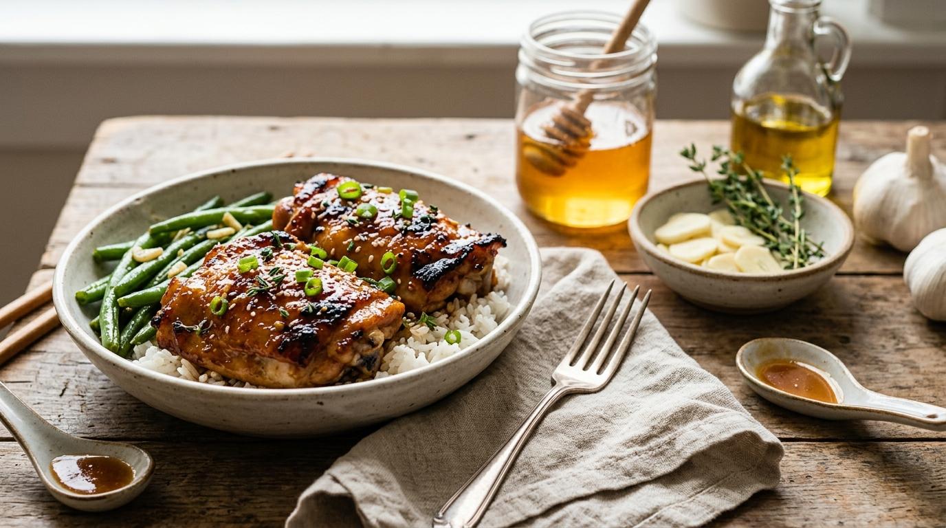 Sticky honey garlic chicken thighs with broccoli and sugar snap peas