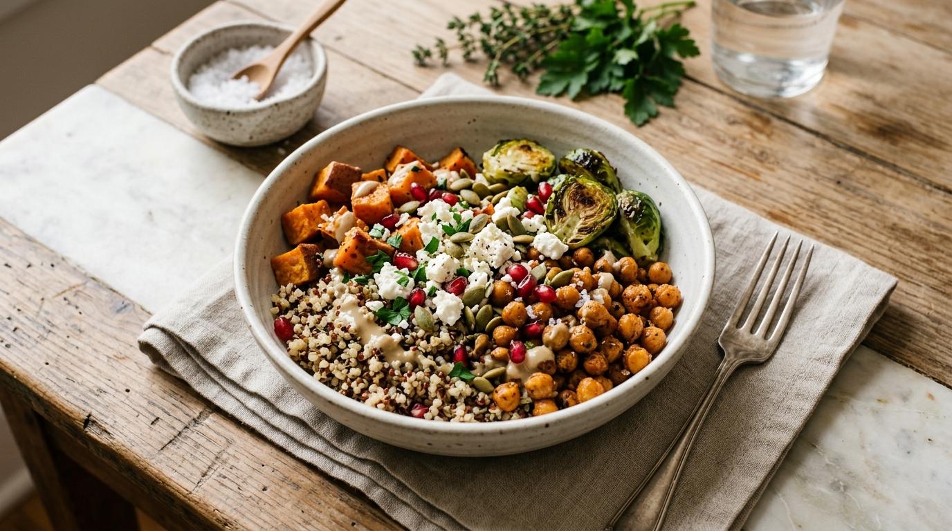 Fall harvest quinoa grain bowl with roasted sweet potatoes, Brussels sprouts, chickpeas, farmer's cheese and avocado