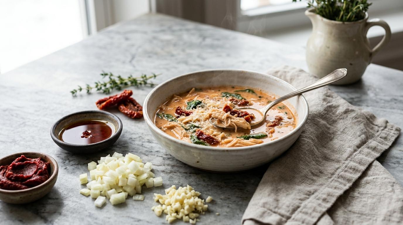 Creamy marry me chicken soup with gnocchi, spinach, and sun-dried tomatoes in a bowl