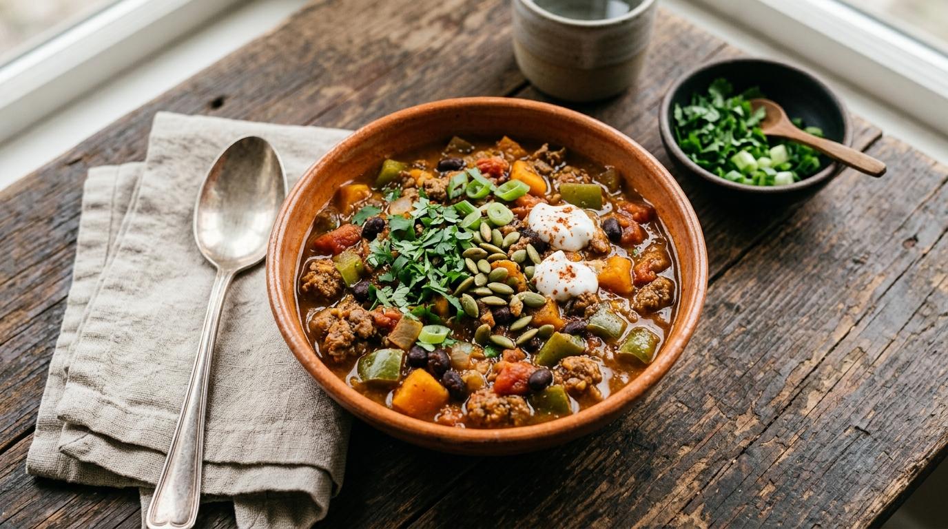 A bowl of gluten free dairy free pumpkin chili topped with cilantro and avocado