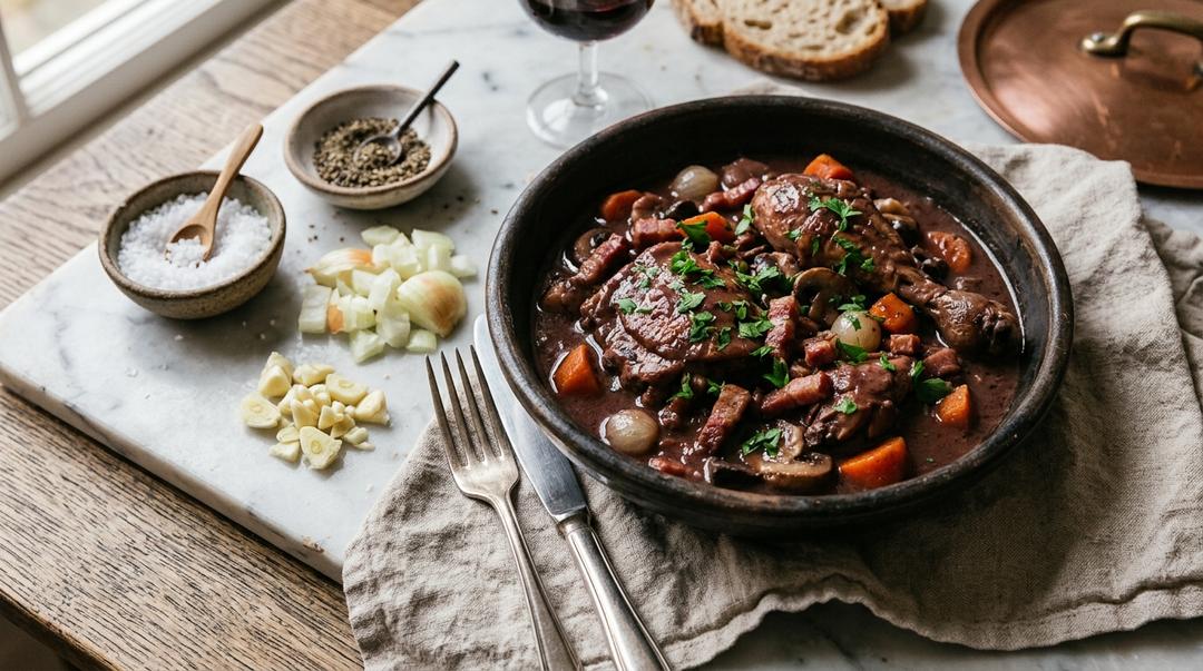 Coq au vin braised chicken in red wine sauce with mushrooms and pancetta in a Dutch oven