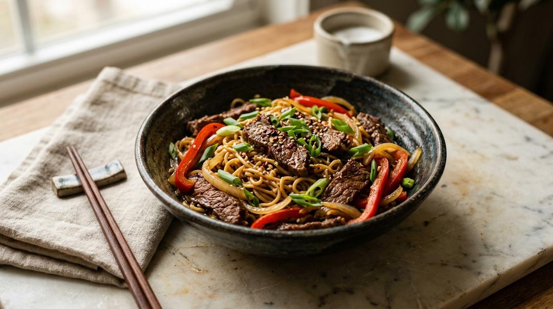 Ramen stir fry with sliced ribeye, bell pepper, and green onion in black bean garlic sauce