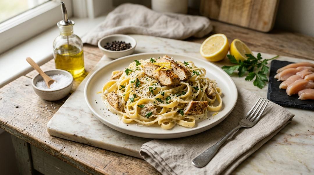 Creamy lemon garlic parmesan fettuccine topped with sliced chicken breast, parsley, and lemon wedges