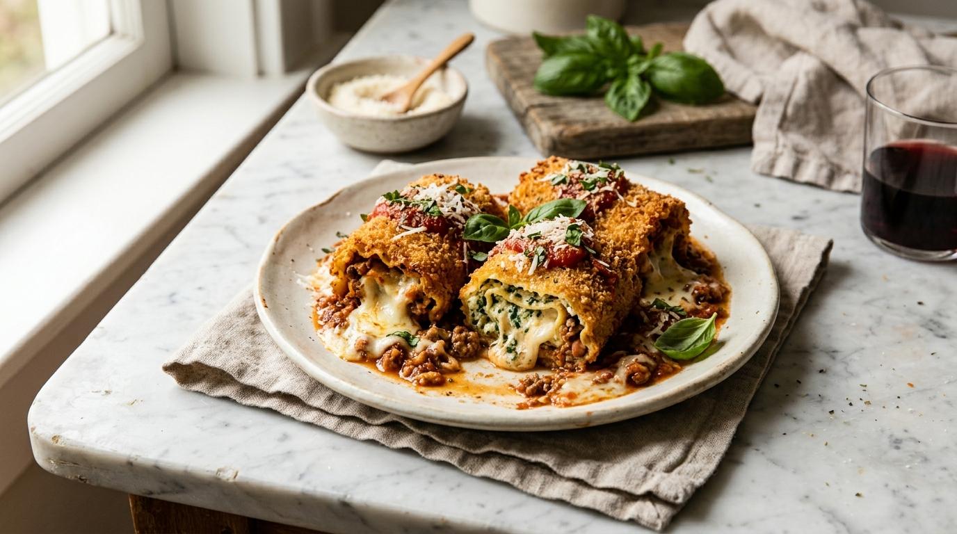 Crispy deep fried lasagna rolls stuffed with ricotta and mozzarella, served with marinara sauce