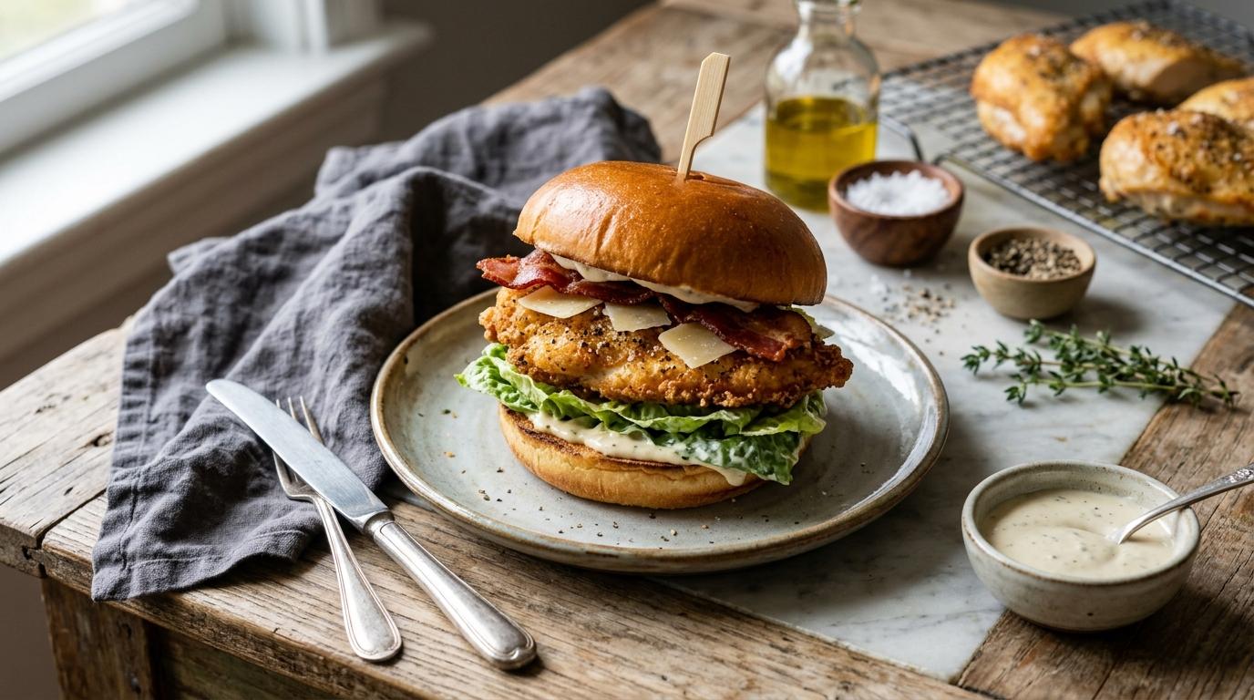 Crispy chicken Caesar burger with romaine, Parmesan, and parsley butter bun