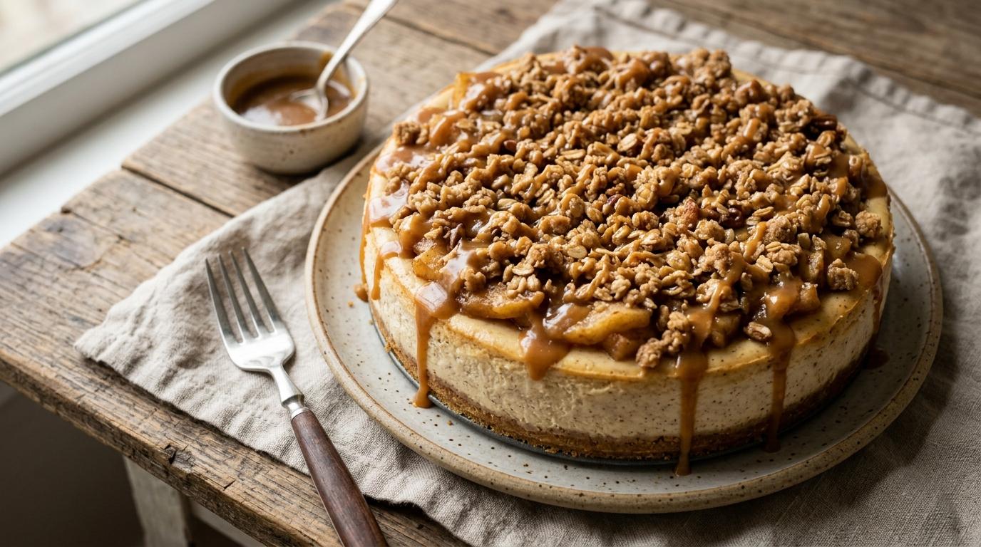 Slice of Salted Caramel Apple Pie Cheesecake with oat crumble and caramel drizzle