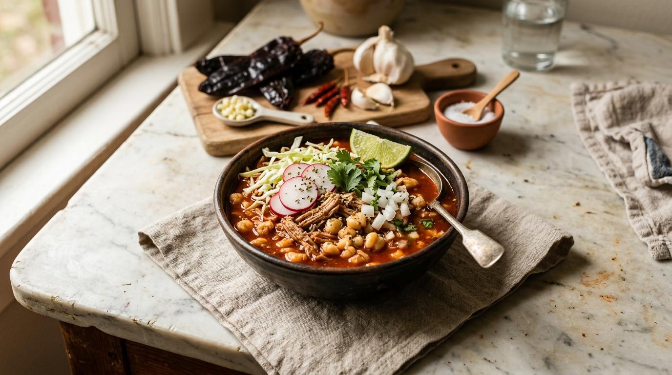 A bowl of posole rojo topped with avocado, radish, and cabbage