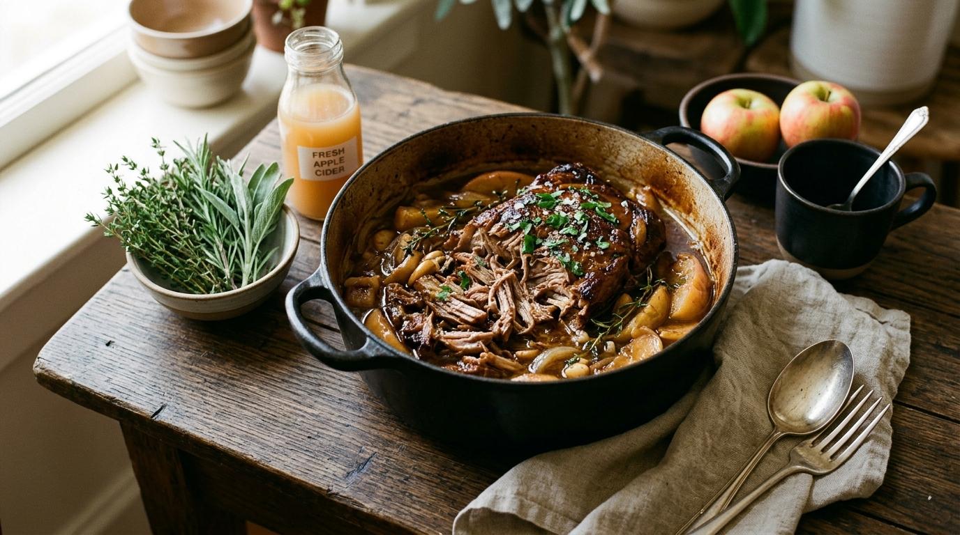 A pot of tender apple cider braised pork shoulder with onions, apples and fresh herbs in glossy braising liquid