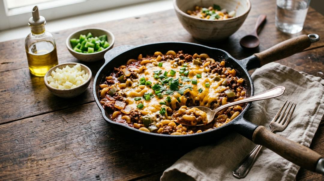 A pot of cheesy chili mac with elbow pasta, ground beef, beans and melted cheddar on top