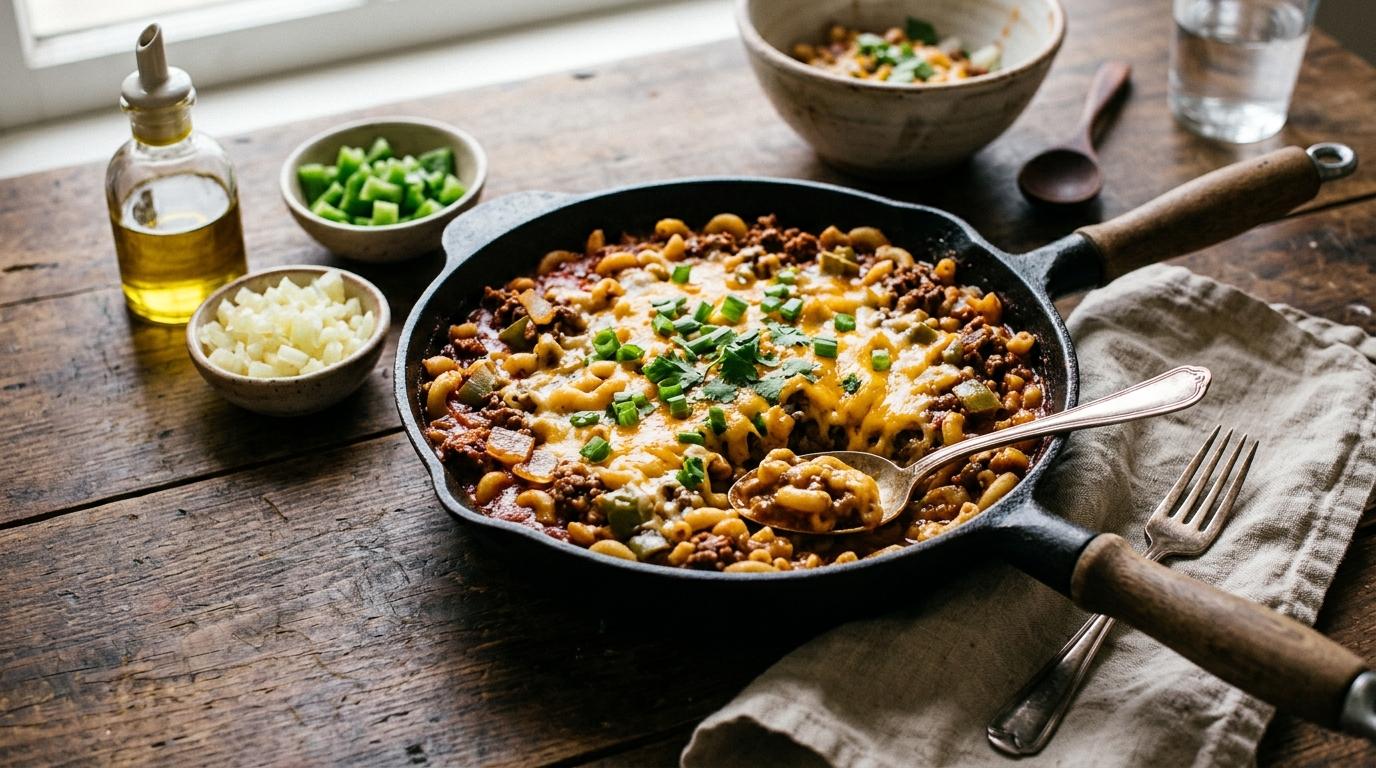 A pot of cheesy chili mac with elbow pasta, ground beef, beans and melted cheddar on top