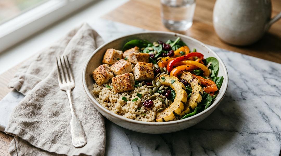 A bowl of quinoa topped with seasoned chicken, roasted delicata squash, bell peppers, walnuts, dried cranberries and blue cheese, drizzled with vinaigrette
